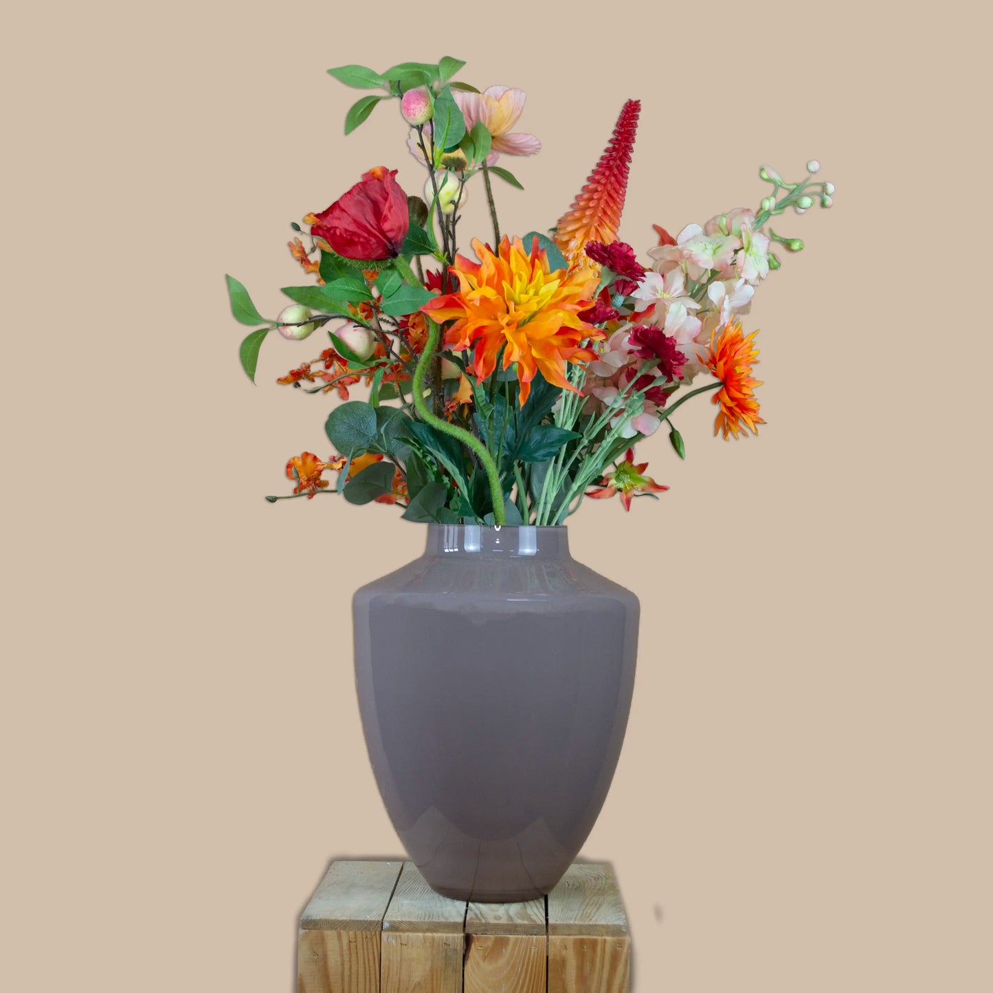 Zijden boeket oranje, rood, sunset glow in vaas Tugela
